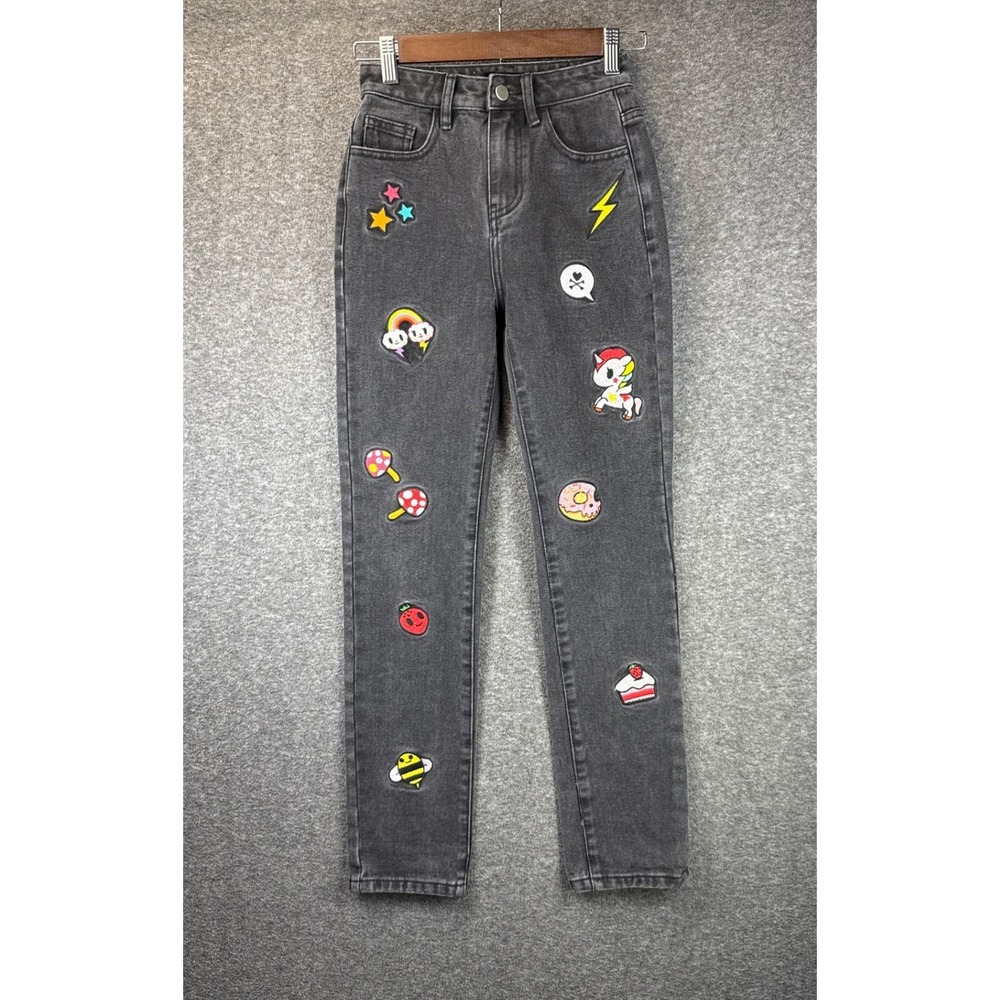 Dolls Kill x Tokidoki Jeans Women XXS Blk Funky Loud Embroidered Patch Straight